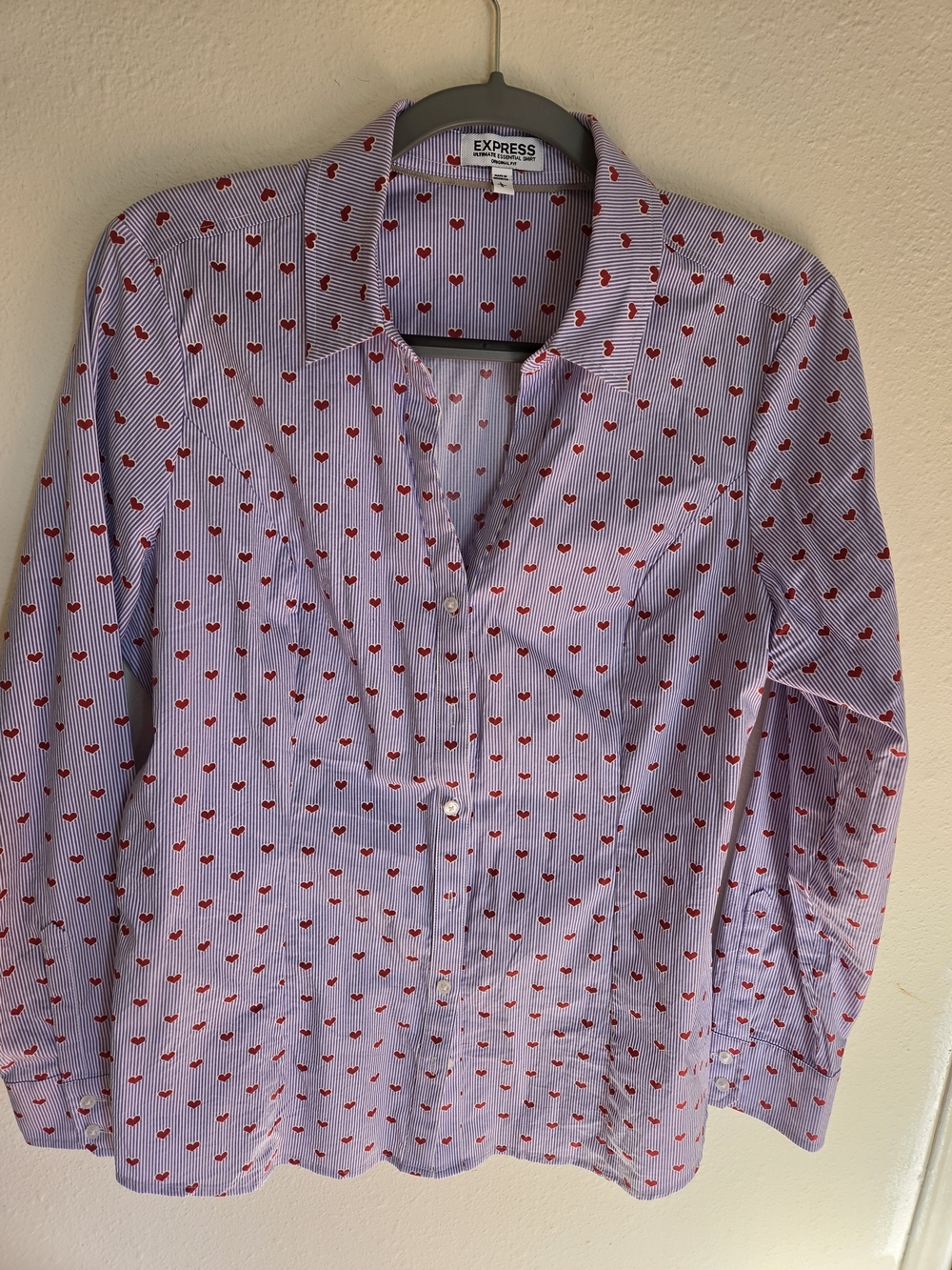 NWOT Express Ultimate Essential  Lavender Striped Shirt with Red Heart Motif